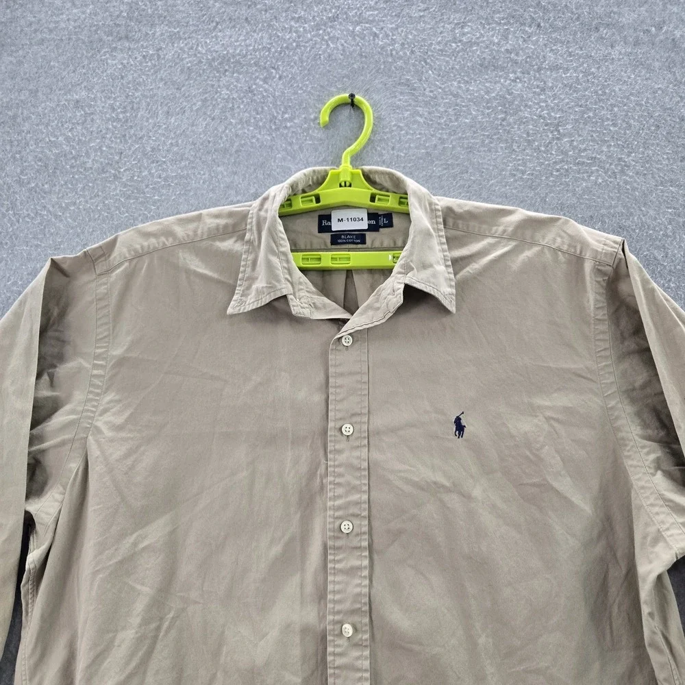 Ralph Lauren Men Button Up Shirt L Beige‎ Polo Player Embroidery Blake